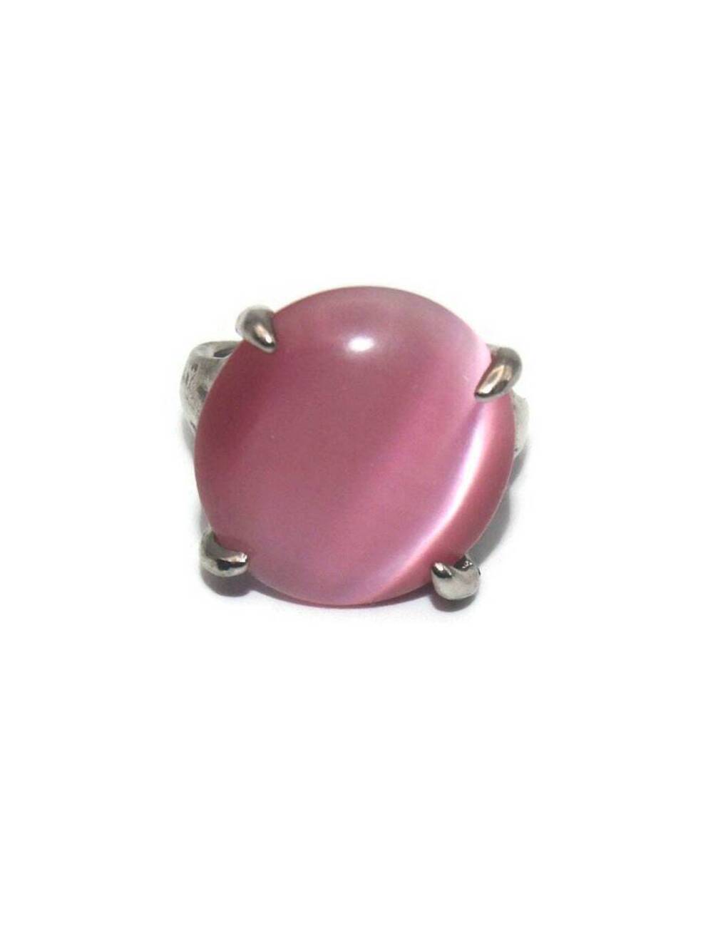 Chunky Vintage Silver Tone & Oval Pink Glass Cabochon Size 7 1/2 Statement Ring.